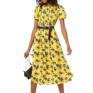 Pintuck Botanical Crepe Midi Dress